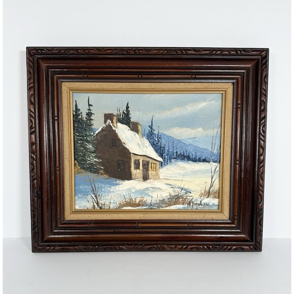 Winter Cottage Landscape Scene Oil Painting In Wood Frame MCM VTG Cozy Cottage - Picture 1 of 11